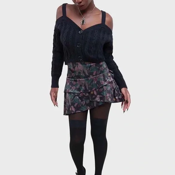 NWT Killstar CORAX Rara Mini Skirt — XL Raven Print Velvet Tiered Goth Skirt - Picture 5 of 6